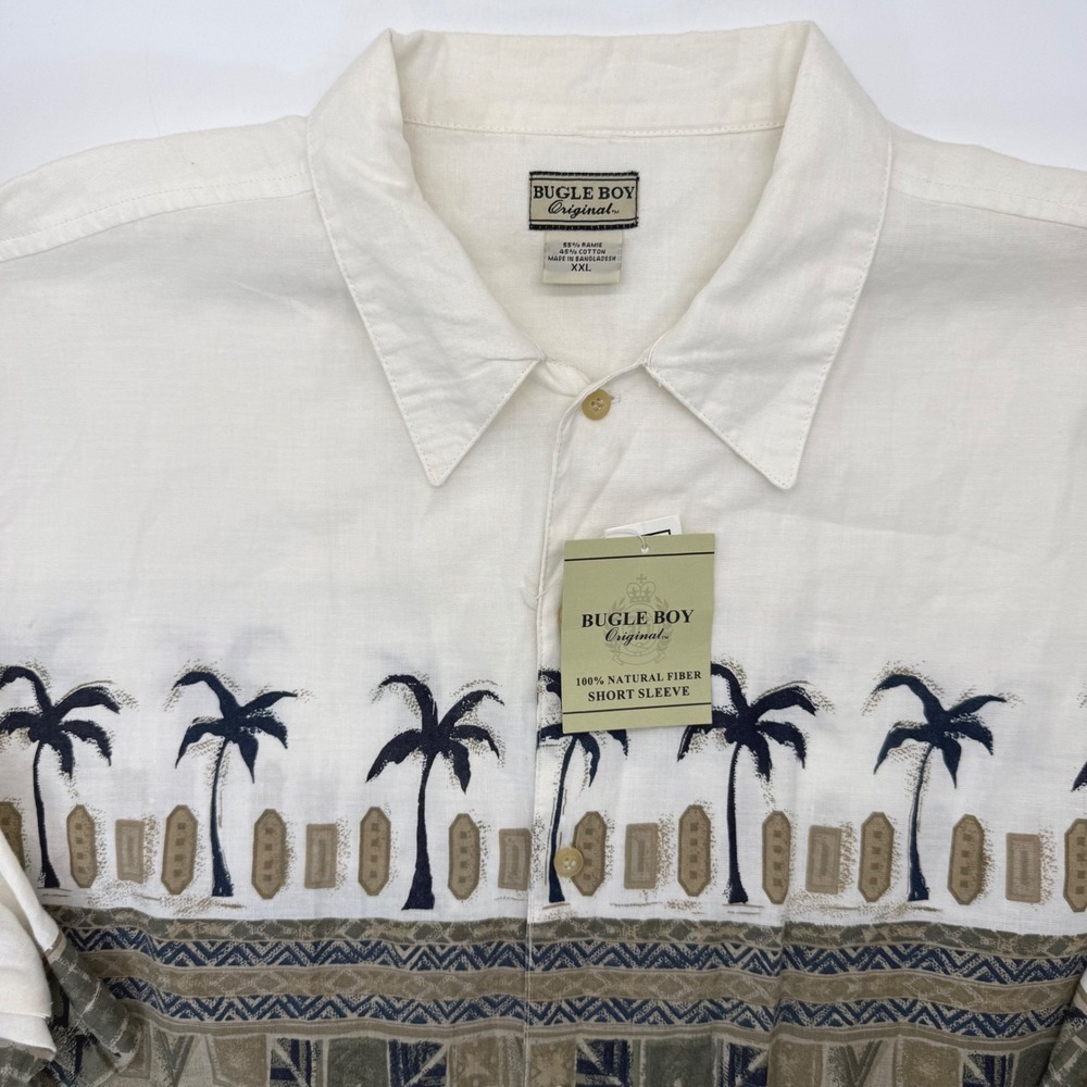 Bugle Boy Button Down Men XXL White Palm Tree Geometric Tropical Shirt NWT